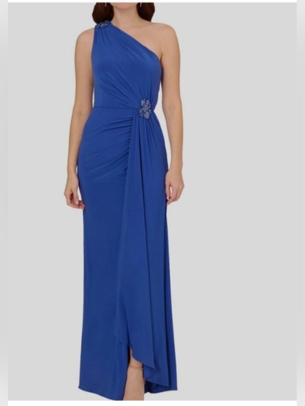 Adrianna Papell One-Shoulder Brillant Sapphire Gown Size 14 Sparkly Accents - Picture 1 of 13
